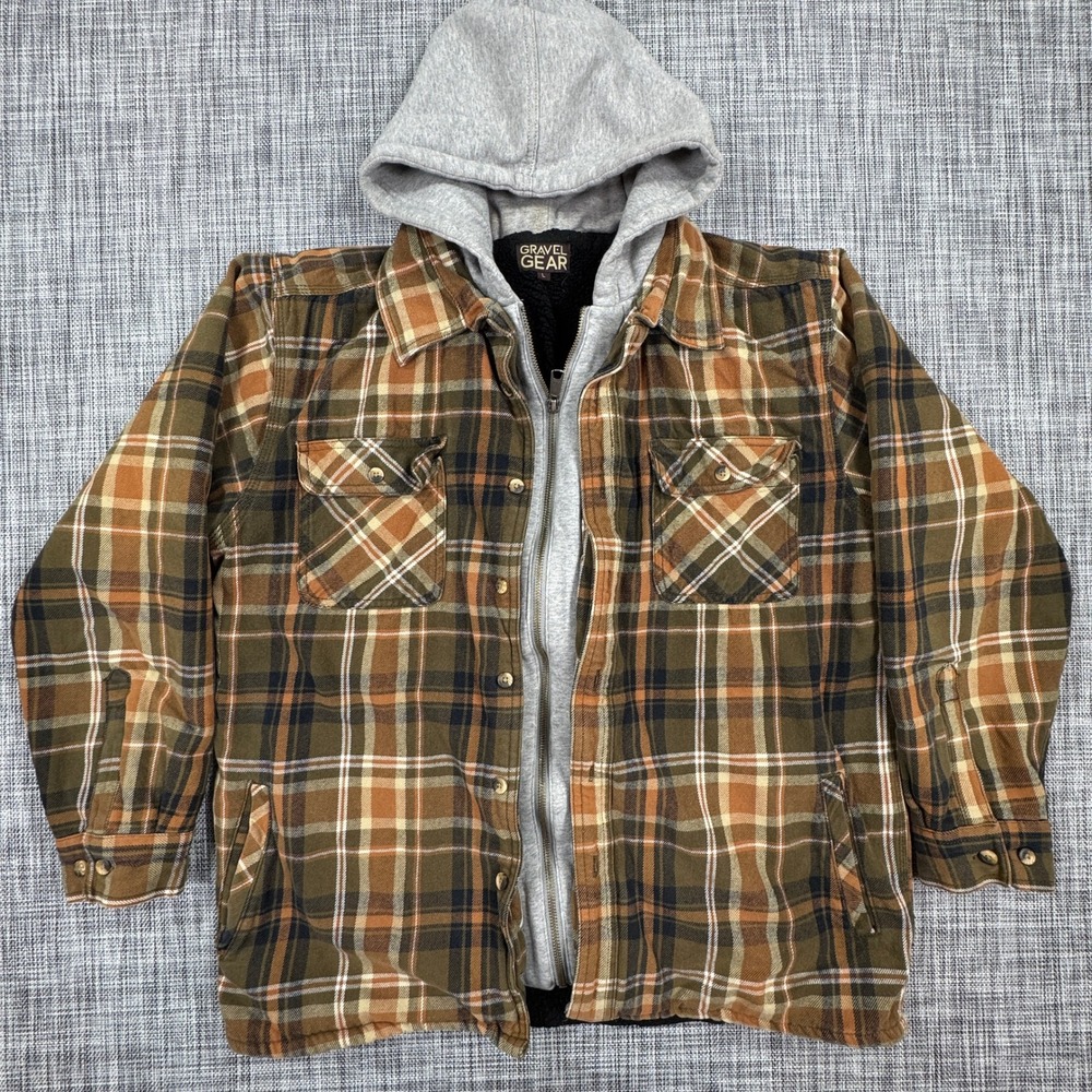 Gravel Gear Jacket Mens Large Brown Plaid Hooded Flannel Sherpa Lined Workwear
